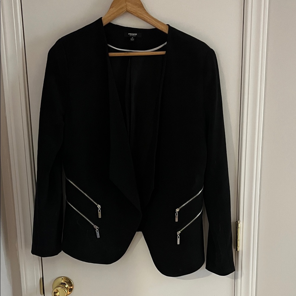 Premise Black Open Draped Blazer with Silver Zippers